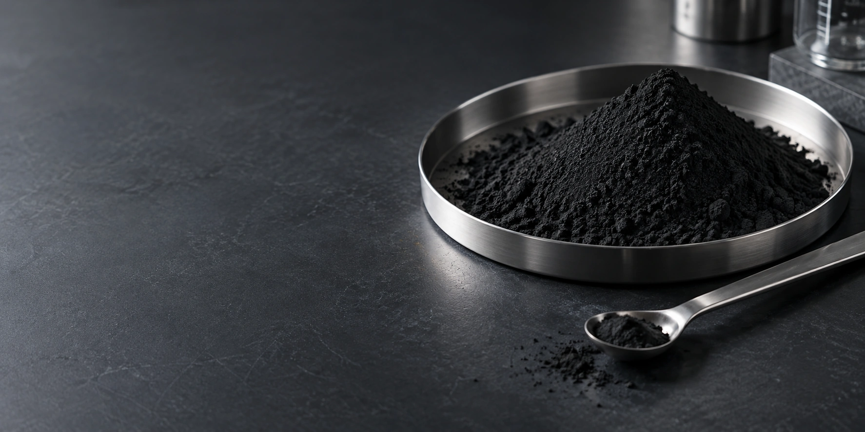 Illustration de charbon actif en poudre dans un récipient en acier inoxydable